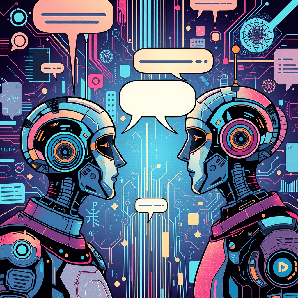 abstract representation of AI conversations, featuring dialogue bubbles, digital elements, and futuristic motifs