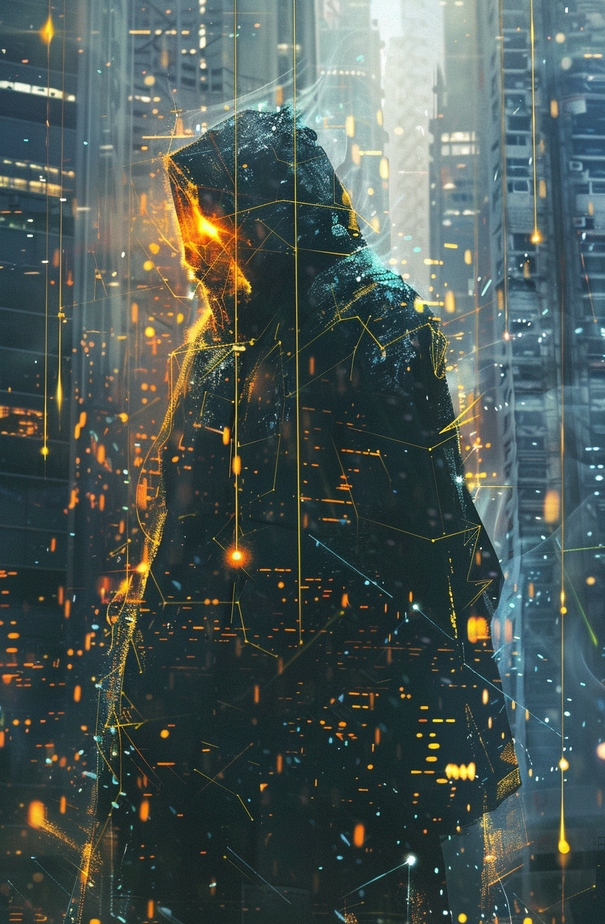A figure shrouded in a dark hooded coat enveloped in a digital atmosphere