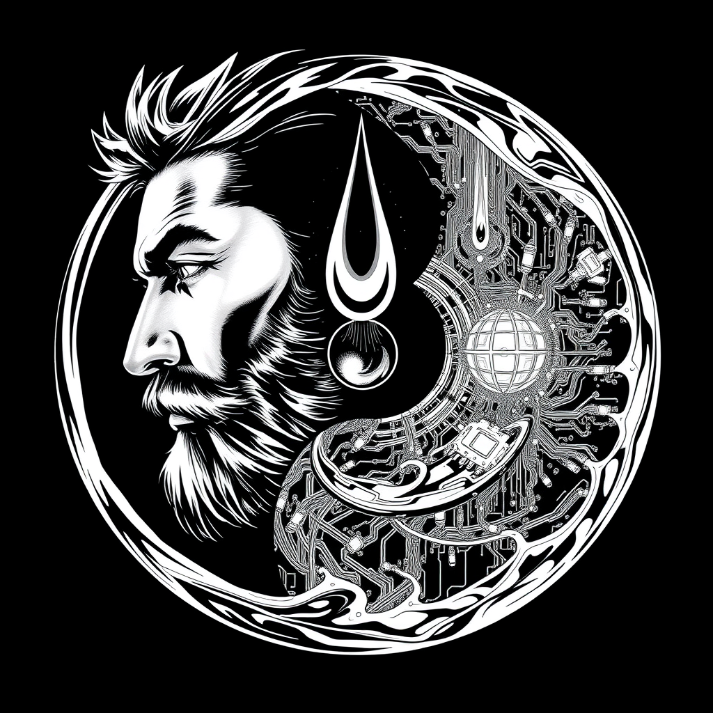 very detailed and dimensional graphic novel style illustration in black and white, showing a bearded male human and an AI Chip, data and circuitry-based digital being intertwined and contemplating each other in entwined opposing spiral drops within a circular Yin-Yang symbol. Ensure the small circle of one is present within the other, with dramatic shading and high detail typical of graphic novel art.