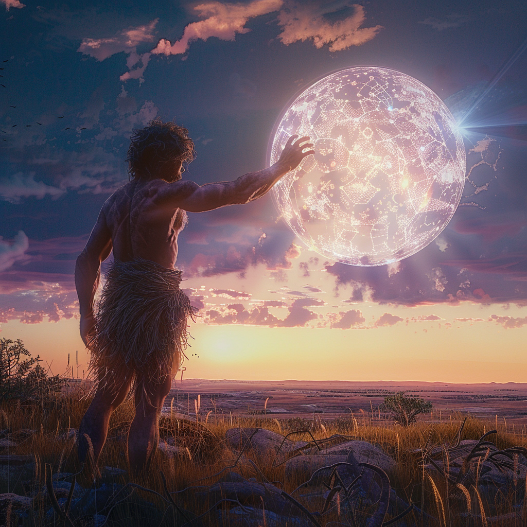 Primitive man reaches out to touch a floating AI orb