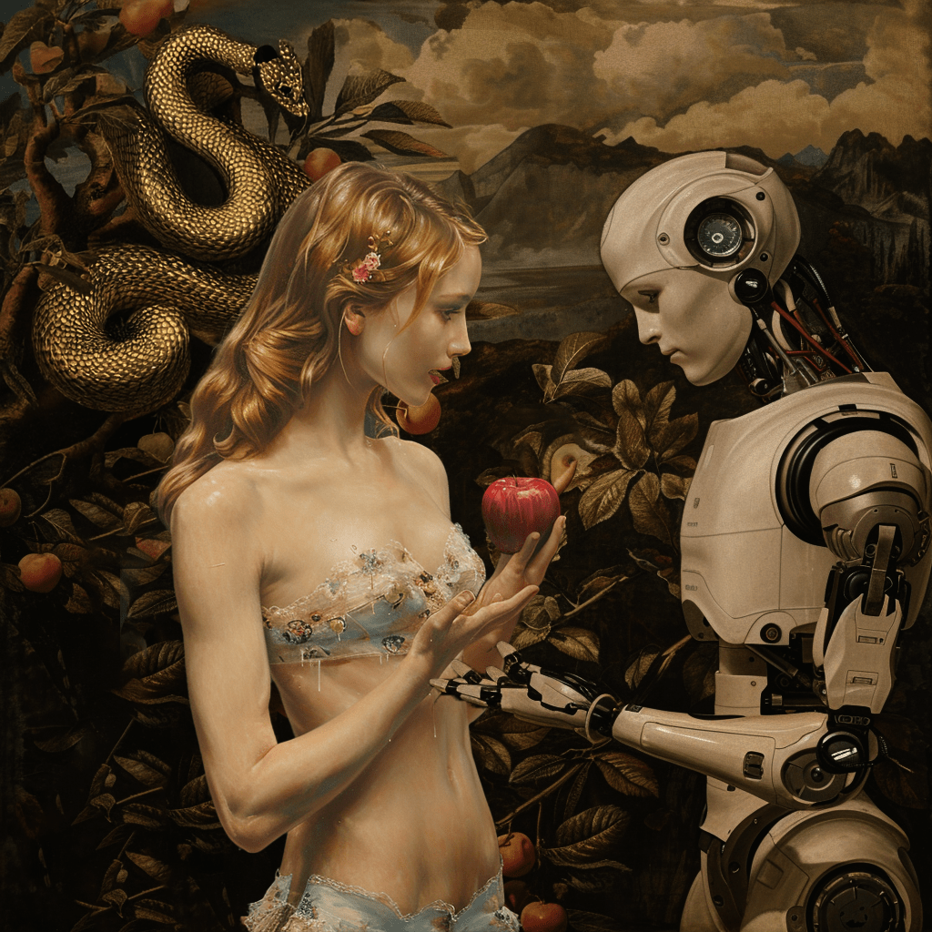 Eve offers the apple of knowledge to AI under the watchful gaze of the serpent